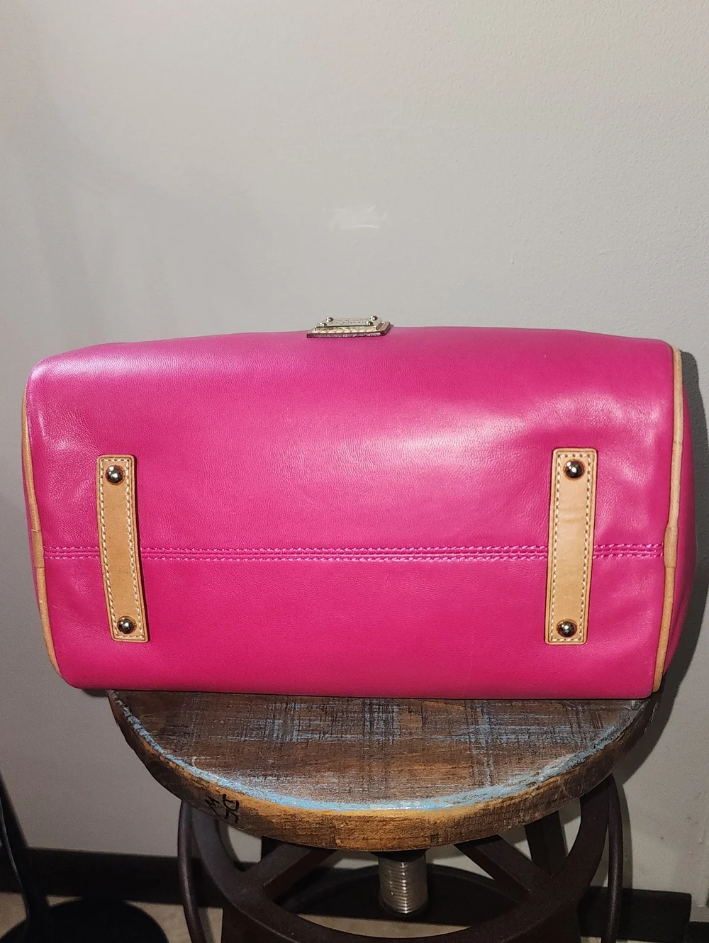 Dooney & Bourke Hot Pink Smooth Soft Leather Satchel Tan Handles Barrel Purse